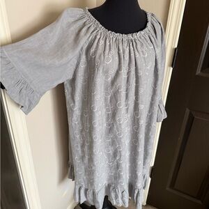 Chic Gray Tunic/Dress with Ruffle Sleeves embroidered linen